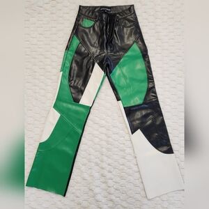 Undressed Muse Faux Leather Colorblock Moto Pants - Green/Black/White
